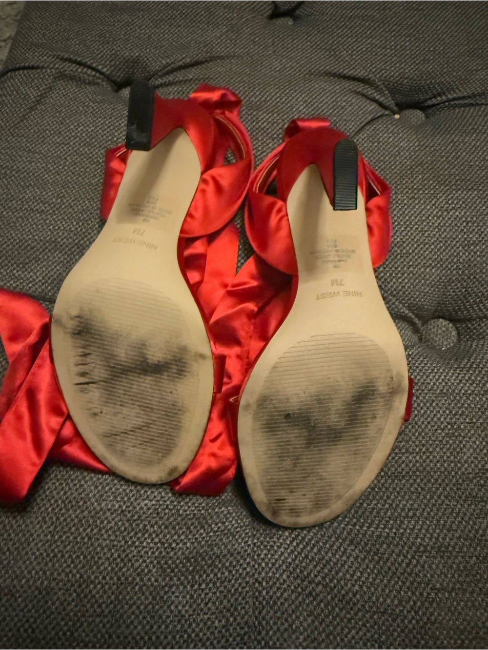 Nine West Red Satin Rose-Detail Ankle Tie Heels - Picture 7 of 9